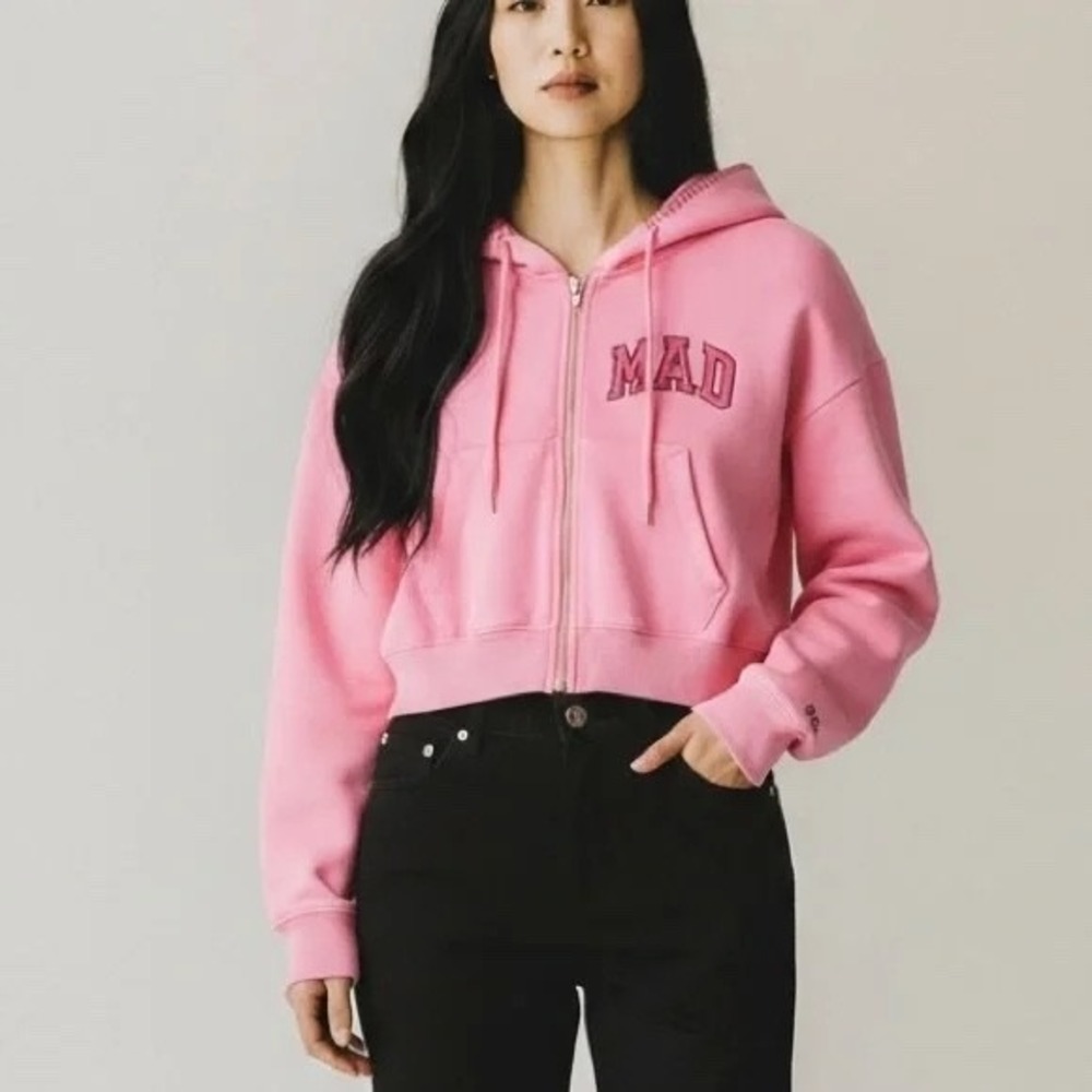 NWT GAP MadHappy Full Zip Crop Hoodie Sweatshirt MEDIUM Pink Embroidered Logo‎